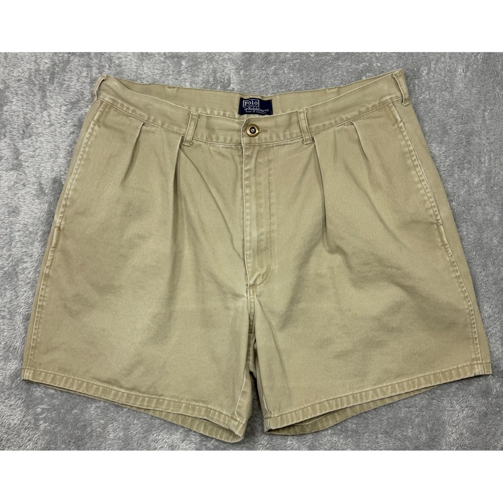 VINTAGE Polo Ralph Lauren Chino Shorts Mens 36 Beige Pleated Cotton Classic Fit